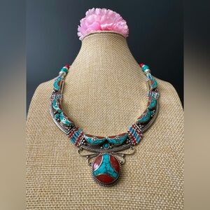 Vintage & Handcrafted Ethnic Tribal Necklace With Stones & Silver 18”in,131gram